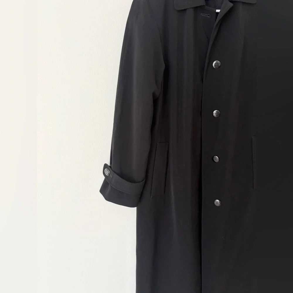 Gallery Vintage Black Long Floor Length Button Down Collared Trench Coat Small - Picture 10 of 11
